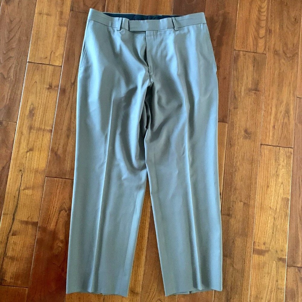 HUGO BOSS Pant Flat Front All Wool Gaberdine Olive Khaki Taupe Waist 34 x 29